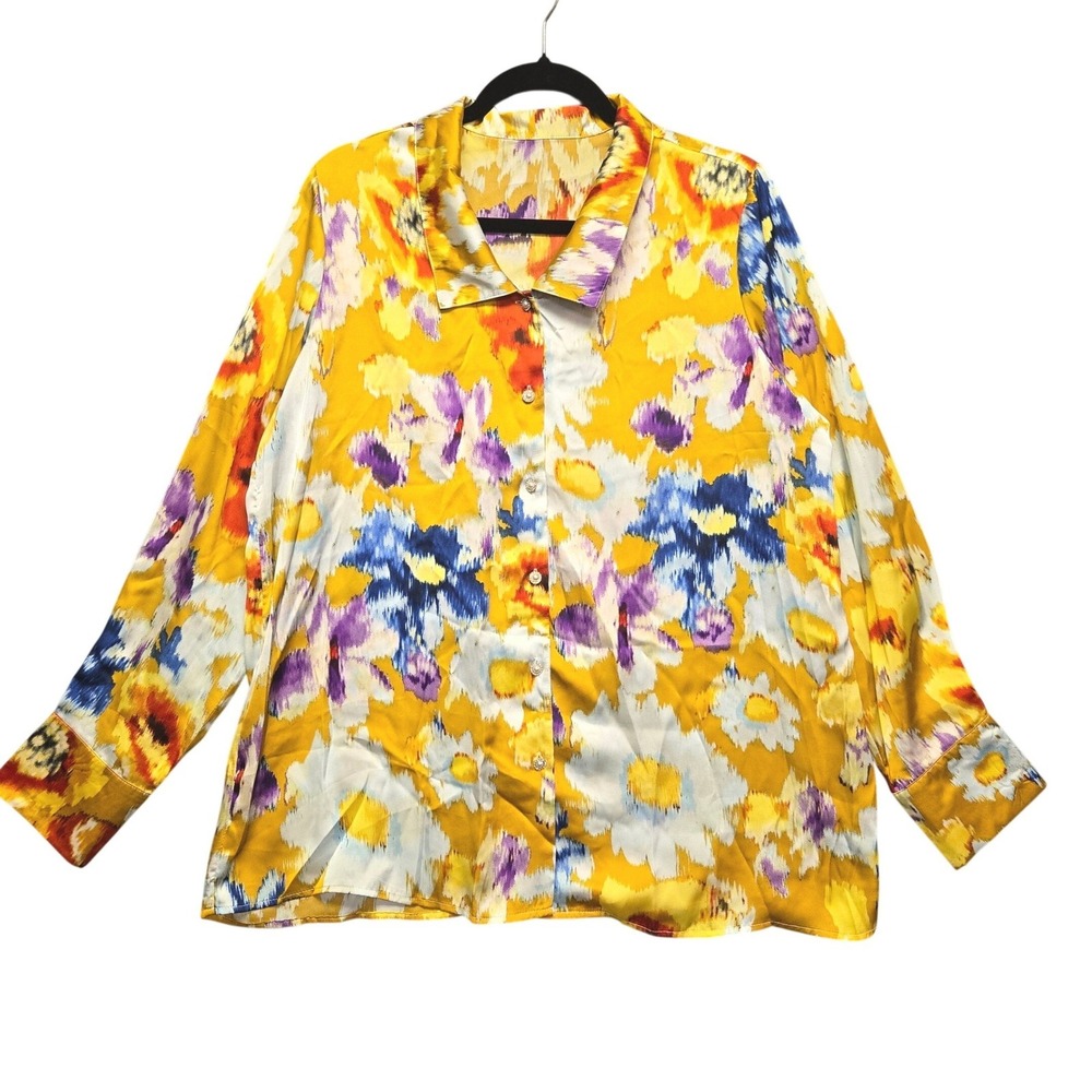 Floral Ikat Button Up Shirt Pearl L Yellow Long Sleeve Top Artsy Eclectic Maxima